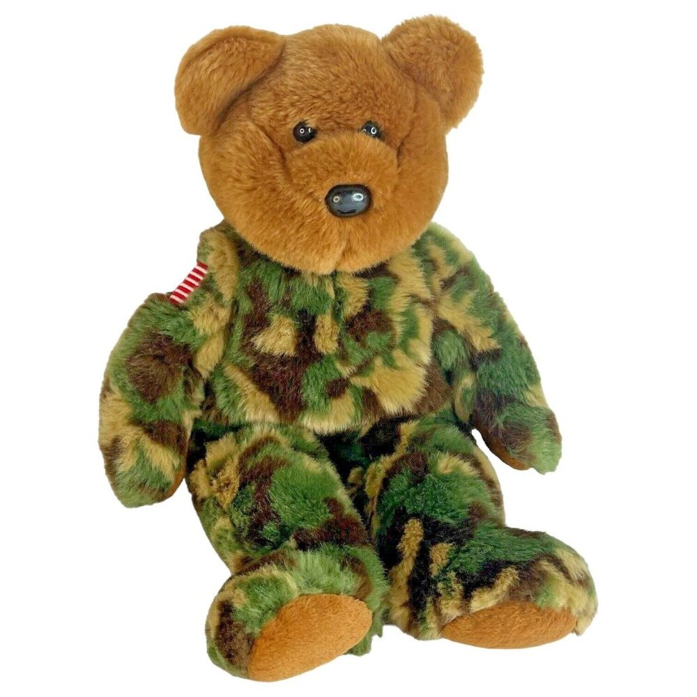 TY Hero the Camouflaged Bear Beanie Buddy US Flag Patriotic Stuffed Animal Toy